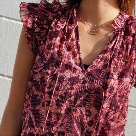 Ulla Johnson Dira Top Bordeaux Metallic Ruffle Size 6 Flutter Sleeve Tassel Tie - Picture 17 of 17